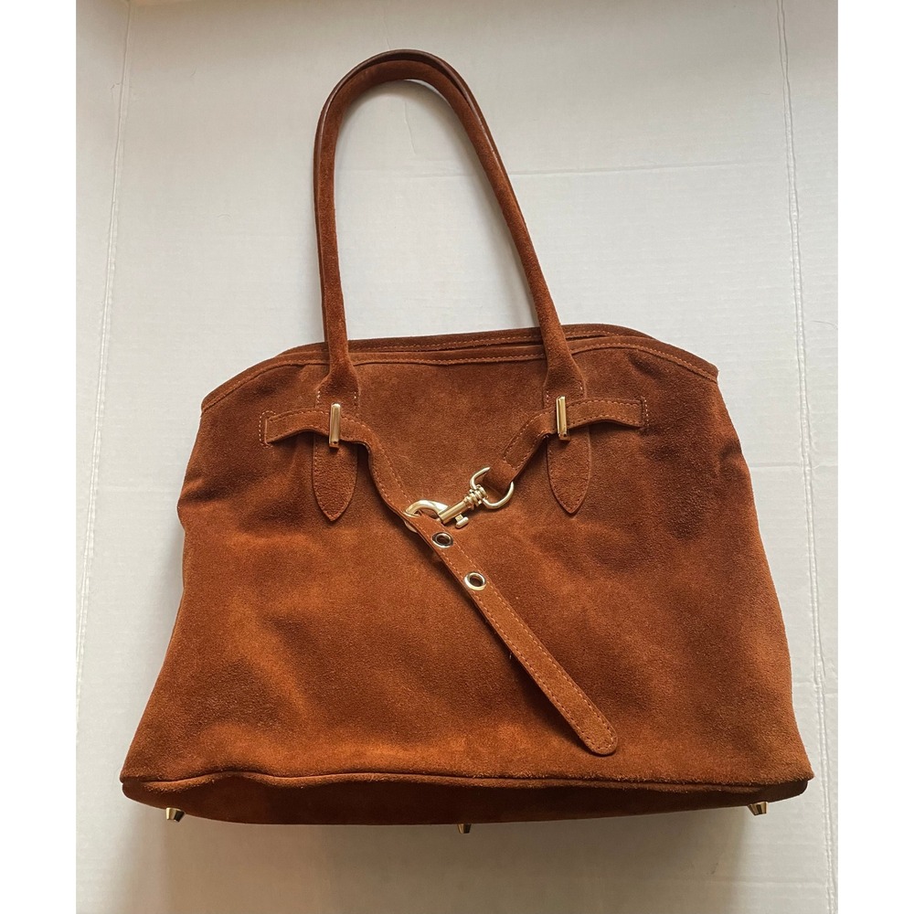 Marlon Rich Brown Suede Zip Top Tote Shoulder Bag Gold Harware Made in Italy